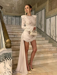 Long Sleeve Draped Sequin Lace Dress White