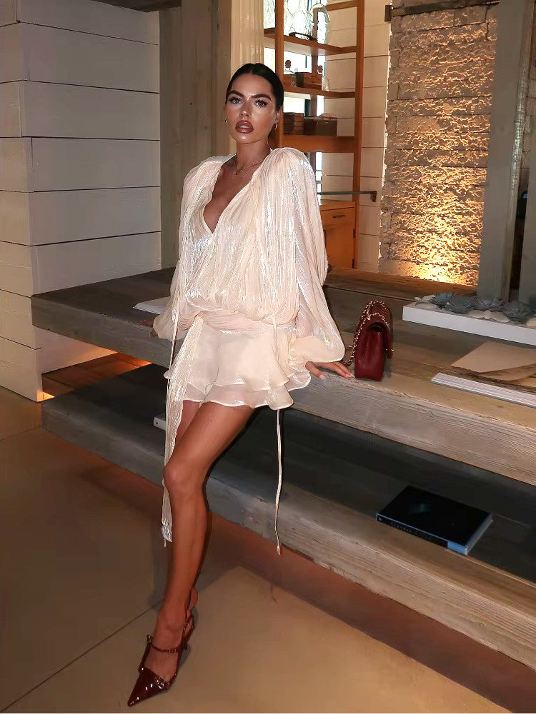 Long Sleeve Draped Ruffle Two Piece Dress Ivory