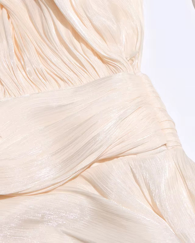 Long Sleeve Draped Ruffle Two Piece Dress Ivory