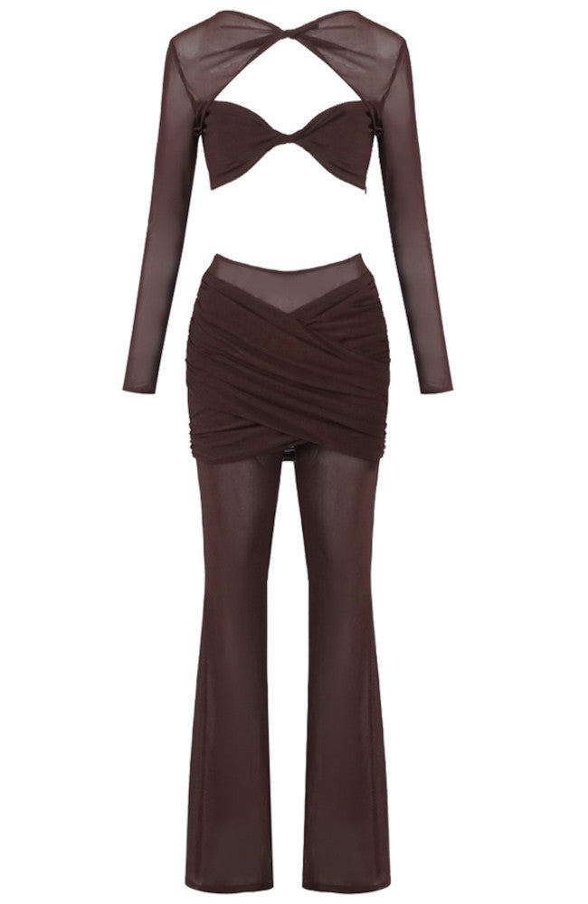 Long Sleeve Mesh Insert Two Piece Jumpsuit Brown