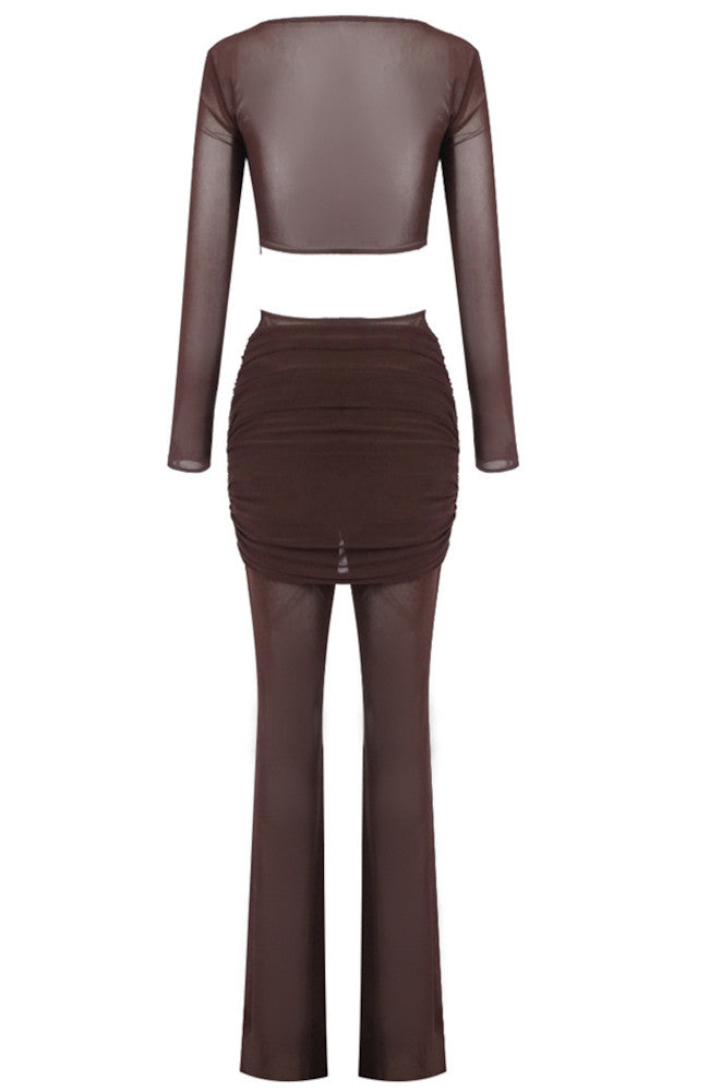 Long Sleeve Mesh Insert Two Piece Jumpsuit Brown