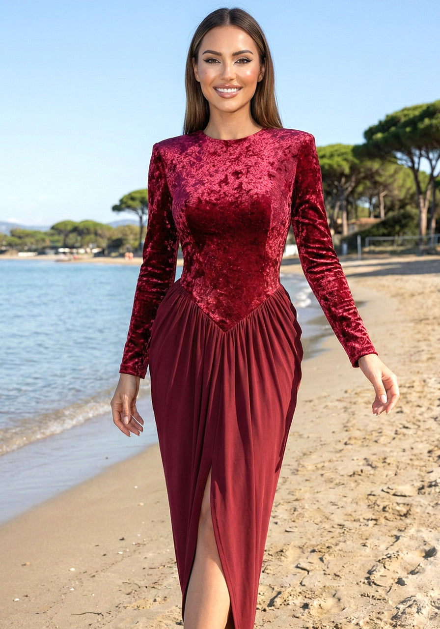 Long Sleeve Draped Velvet Maxi Dress Red