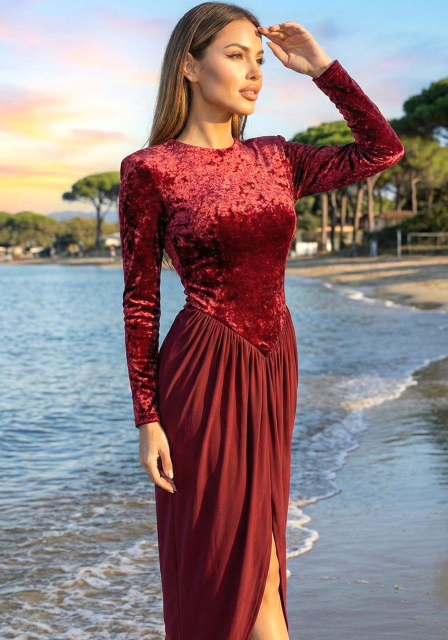 Long Sleeve Draped Velvet Maxi Dress Red