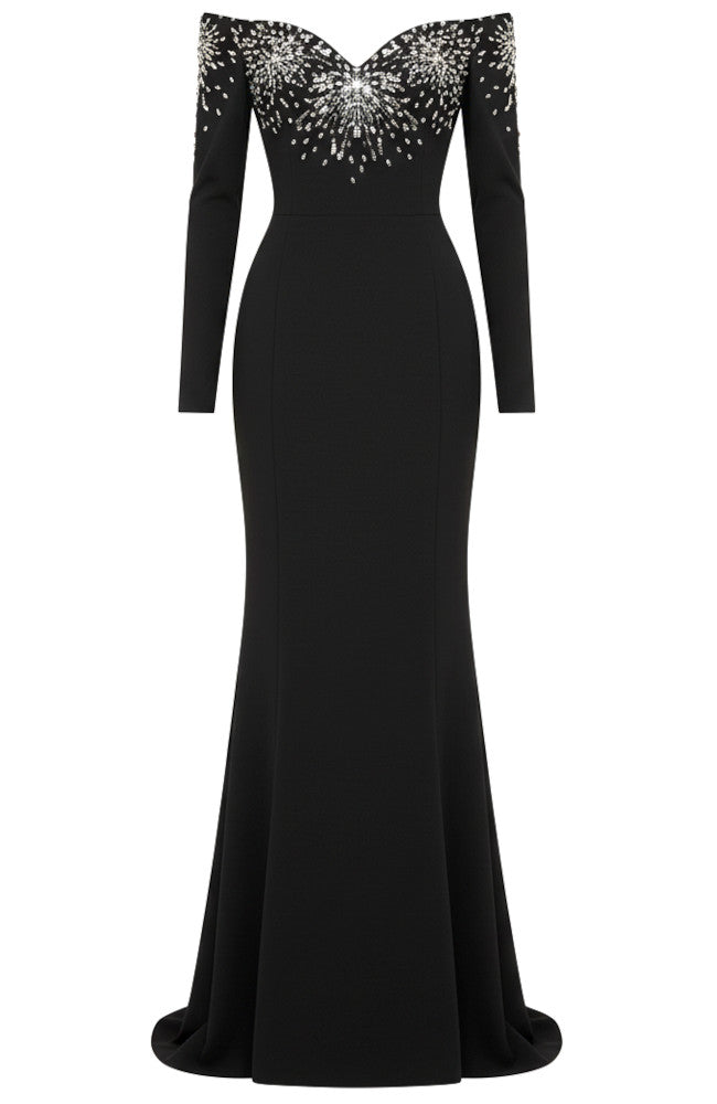 Long Sleeve Bardot Crystal Detail Maxi Dress Black