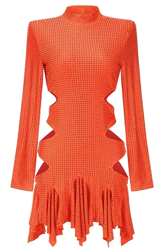 Long Sleeve Embellished Cut Out Dress Orange