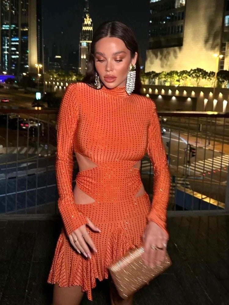 Long Sleeve Embellished Cut Out Dress Orange