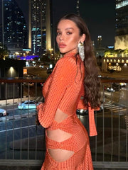Long Sleeve Embellished Cut Out Dress Orange
