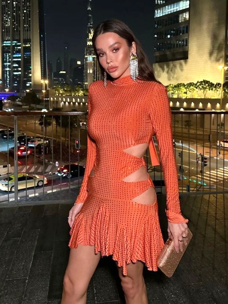 Long Sleeve Embellished Cut Out Dress Orange