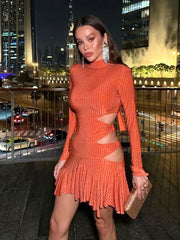 Long Sleeve Embellished Cut Out Dress Orange