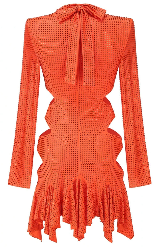 Long Sleeve Embellished Cut Out Dress Orange