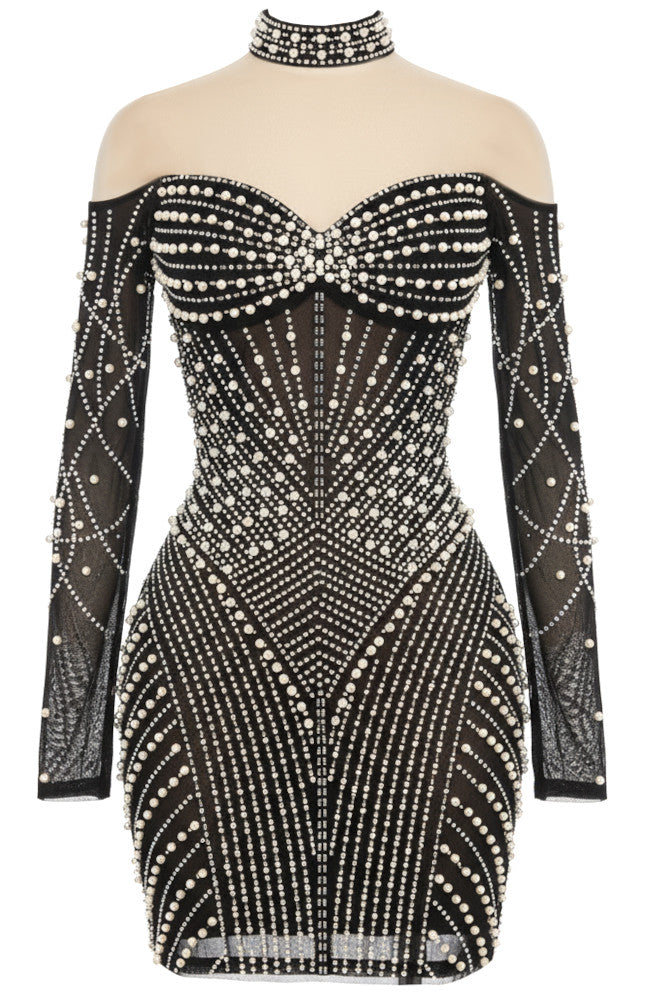 Long Sleeve Embellished Dress Black