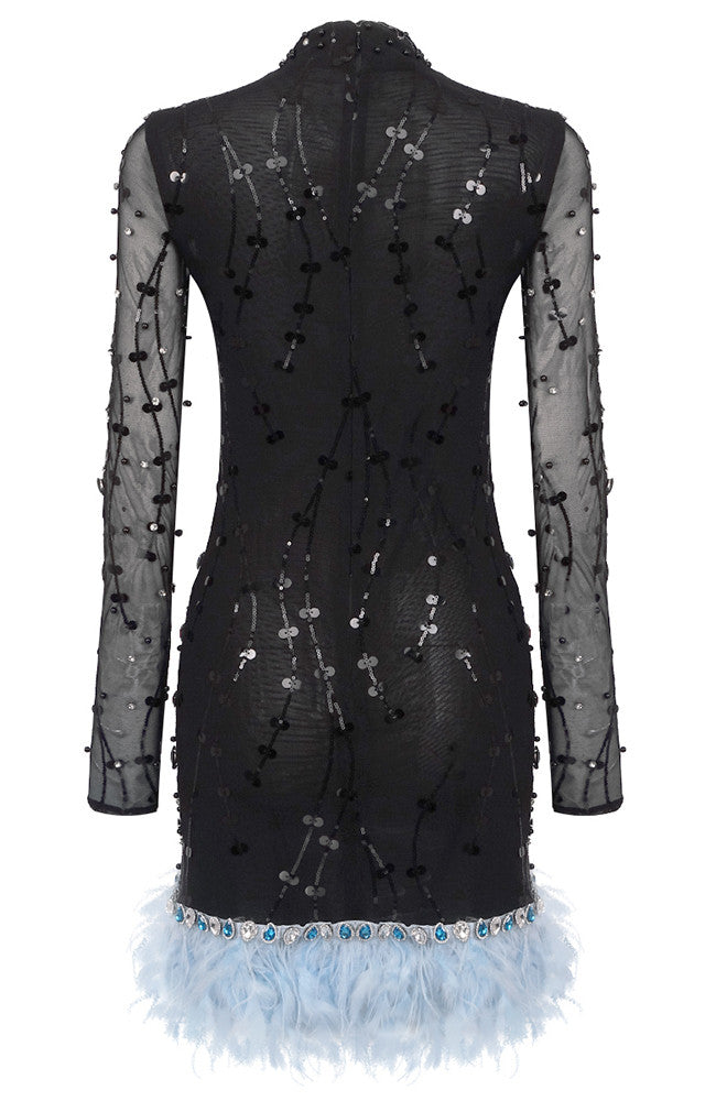 Long Sleeve Embellished Feather Dress Black Blue