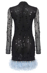 Long Sleeve Embellished Feather Dress Black Blue
