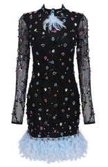 Long Sleeve Embellished Feather Dress Black Blue