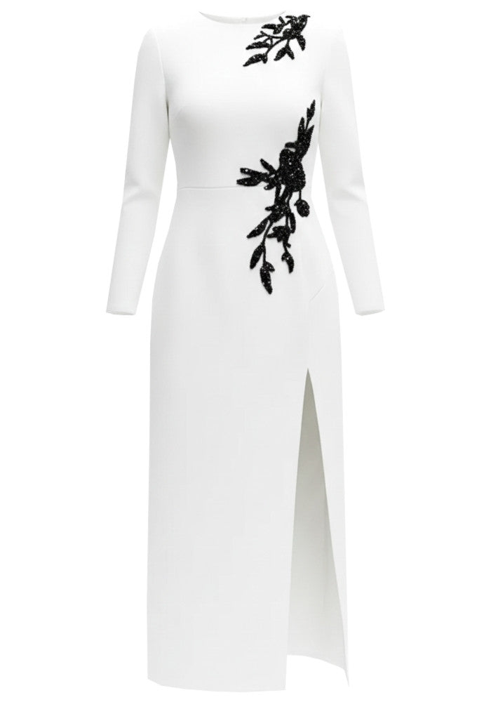 Long Sleeve Floral Detail Maxi Dress White