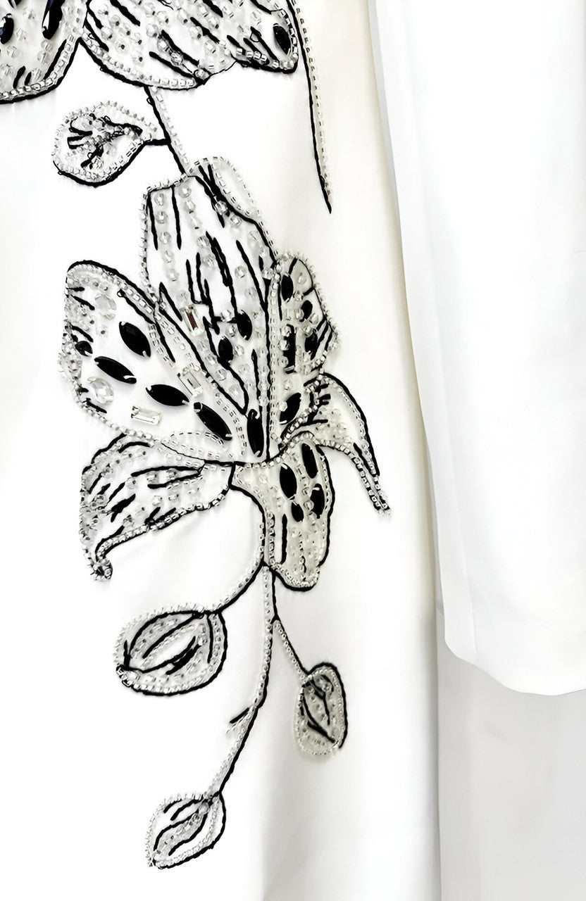 Long Sleeve Embellished Floral Detail Maxi Dress White