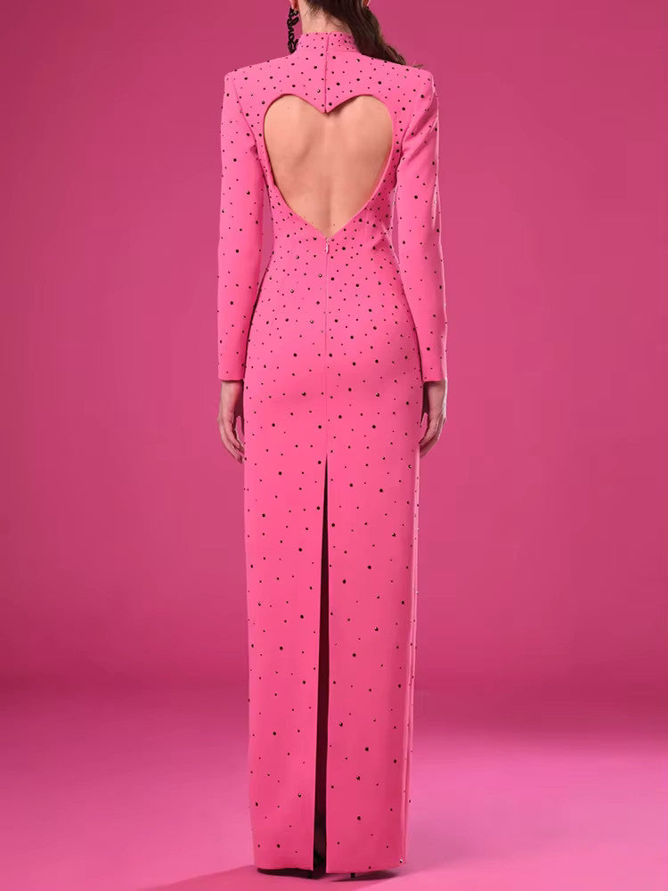 Long Sleeve Embellished Heart Cut Out Maxi Dress Hot Pink