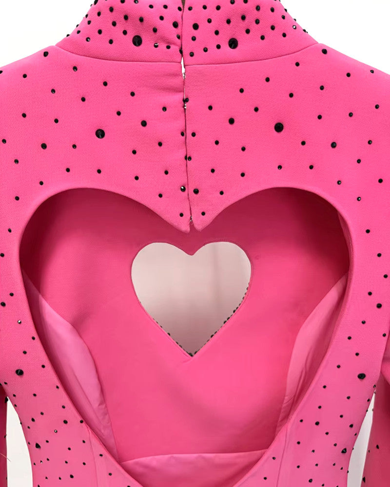Long Sleeve Embellished Heart Cut Out Maxi Dress Hot Pink