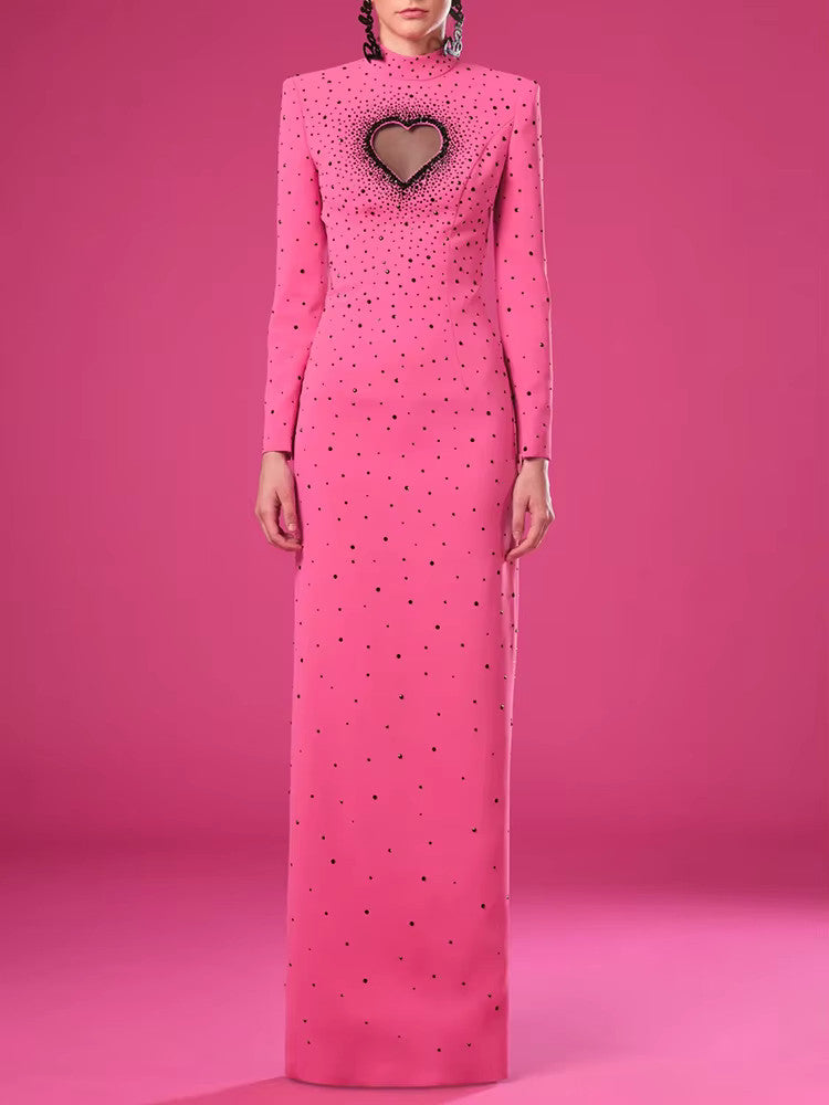 Long Sleeve Embellished Heart Cut Out Maxi Dress Hot Pink