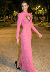 Long Sleeve Embellished Heart Cut Out Maxi Dress Hot Pink