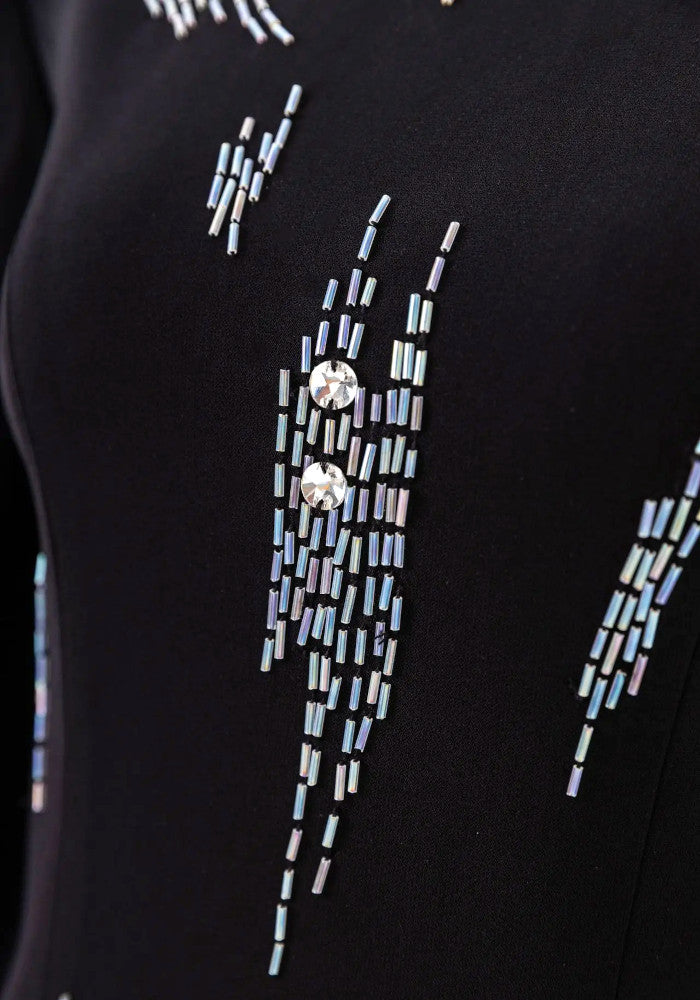 Long Sleeve Embellished Details Maxi Dress Black