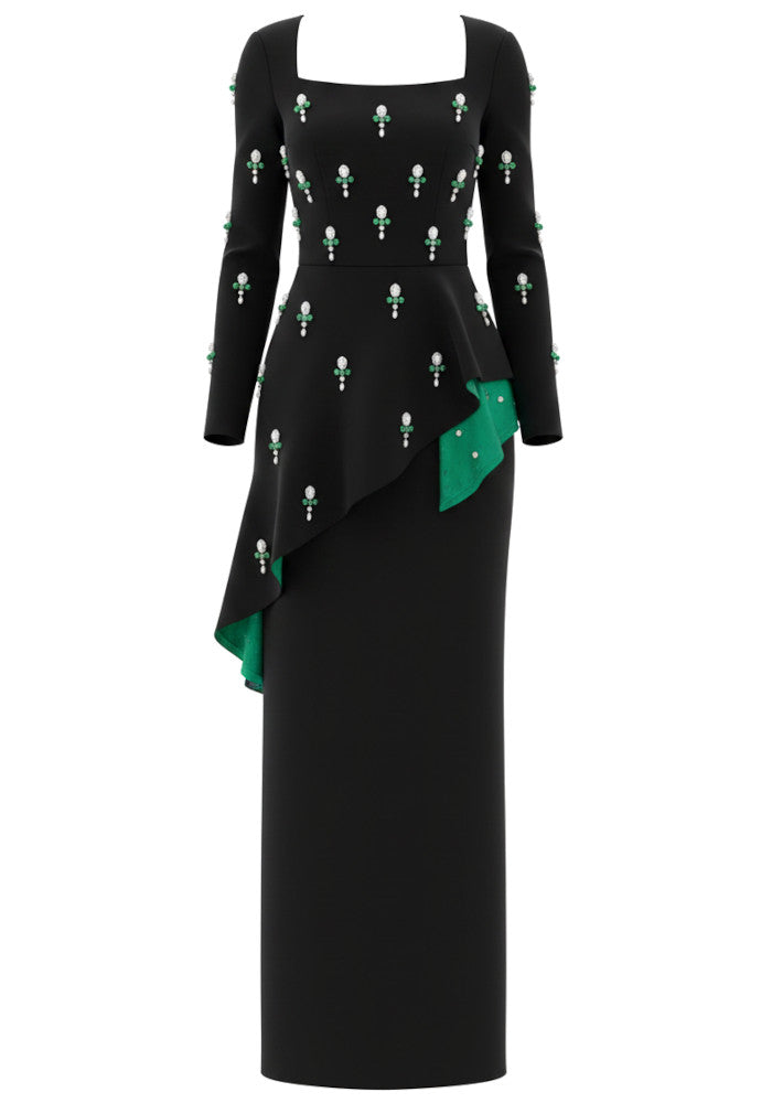 Long Sleeve Embellished Peplum Maxi Dress Black Green