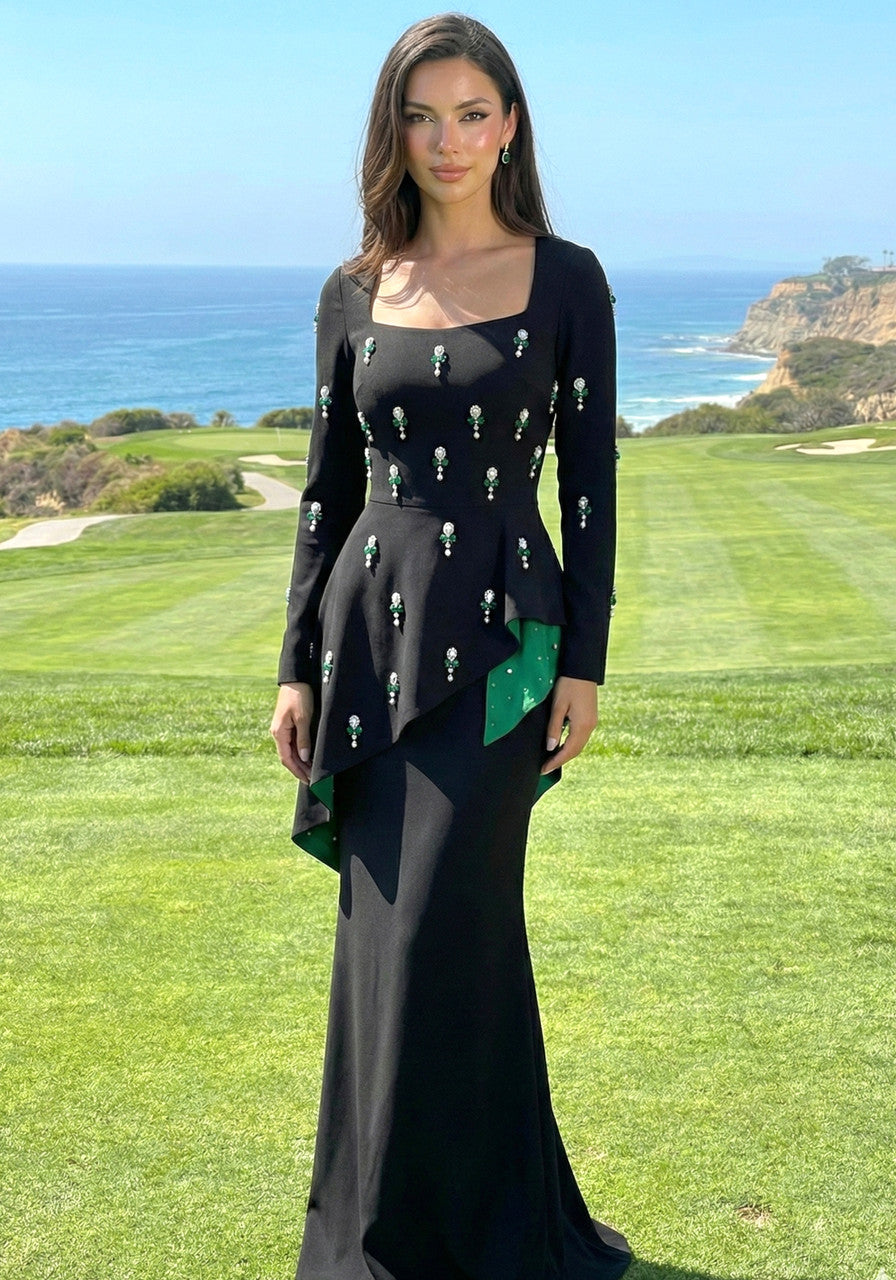 Long Sleeve Embellished Peplum Maxi Dress Black Green