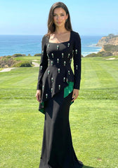Long Sleeve Embellished Peplum Maxi Dress Black Green
