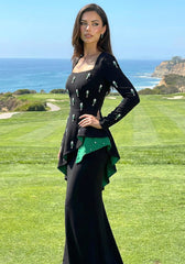Long Sleeve Embellished Peplum Maxi Dress Black Green