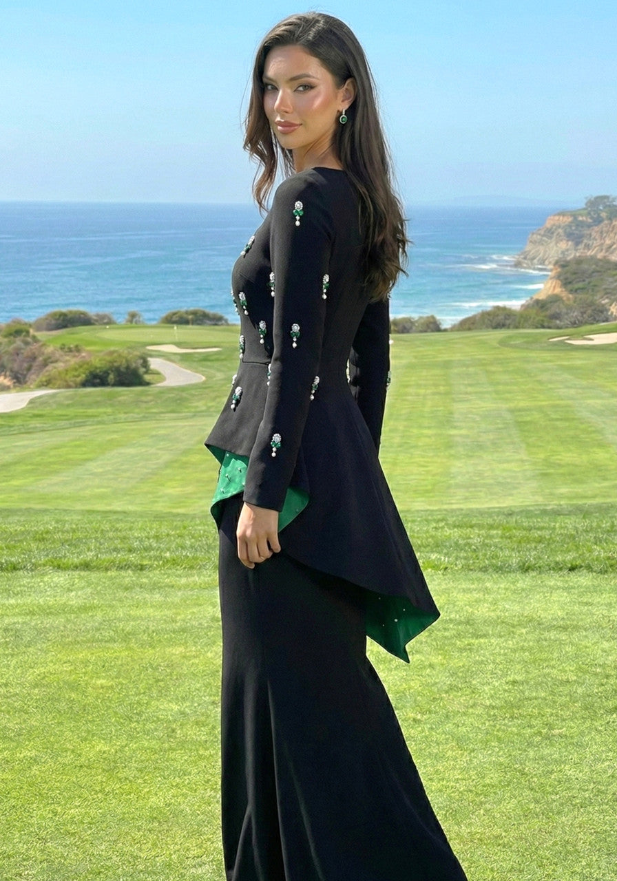 Long Sleeve Embellished Peplum Maxi Dress Black Green