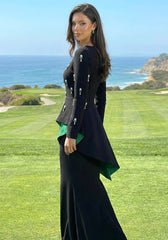 Long Sleeve Embellished Peplum Maxi Dress Black Green