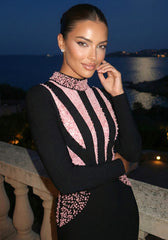 Long Sleeve Pearl Crystal Maxi Dress Black Pink