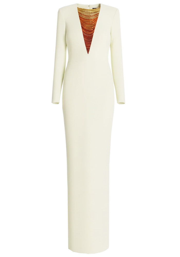 Long Sleeve Embellished Neckline Maxi Dress Ivory