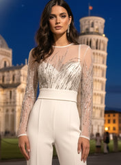 Long Sleeve Sequin Mesh Jumpsuit White