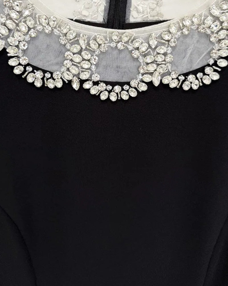 Long Sleeve Crystal Mesh Maxi Dress Black