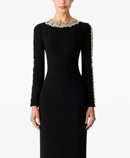 Long Sleeve Crystal Mesh Maxi Dress Black