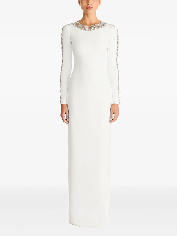 Long Sleeve Crystal Mesh Maxi Dress White