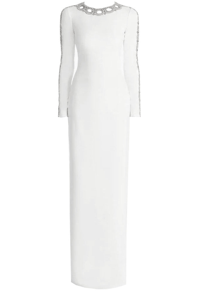 Long Sleeve Crystal Mesh Maxi Dress White