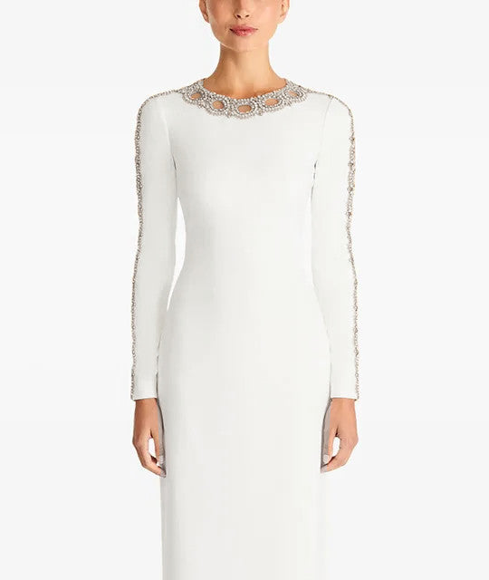 Long Sleeve Crystal Mesh Maxi Dress White