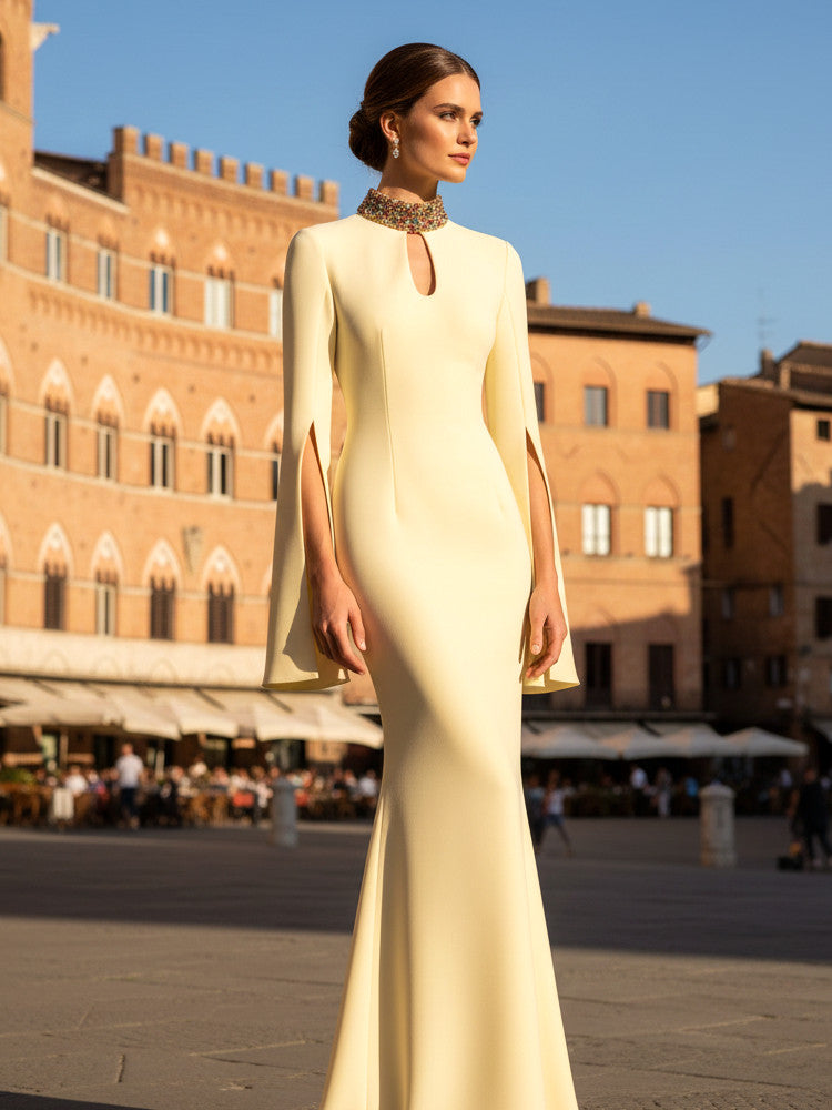 Long Sleeve Embellished Neck Maxi Dress Yellow