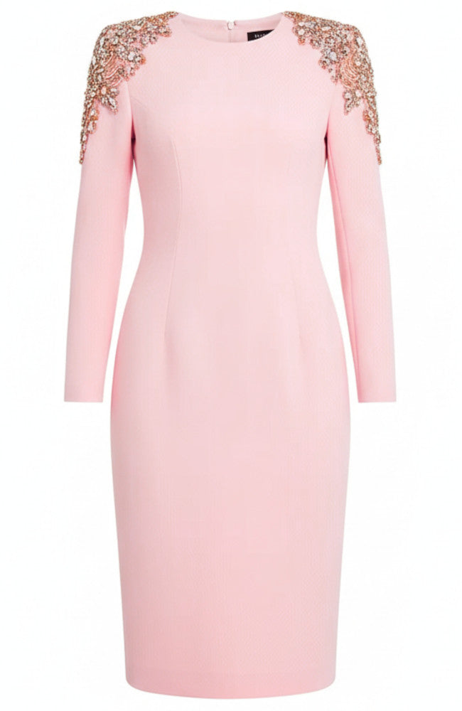 Long Sleeve Embellished Shoulders Midi Dress Pink