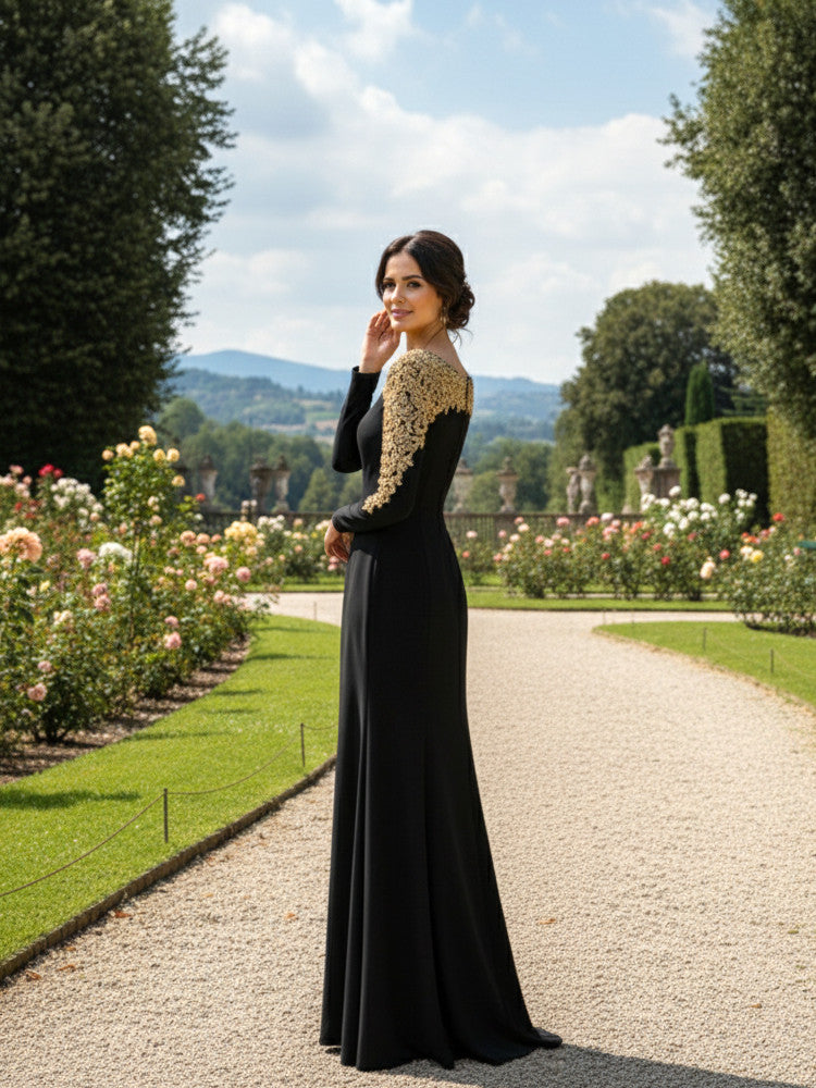 Long Sleeve Crystal Shoulders Maxi Dress Black