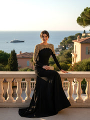 Long Sleeve Crystal Shoulders Maxi Dress Black