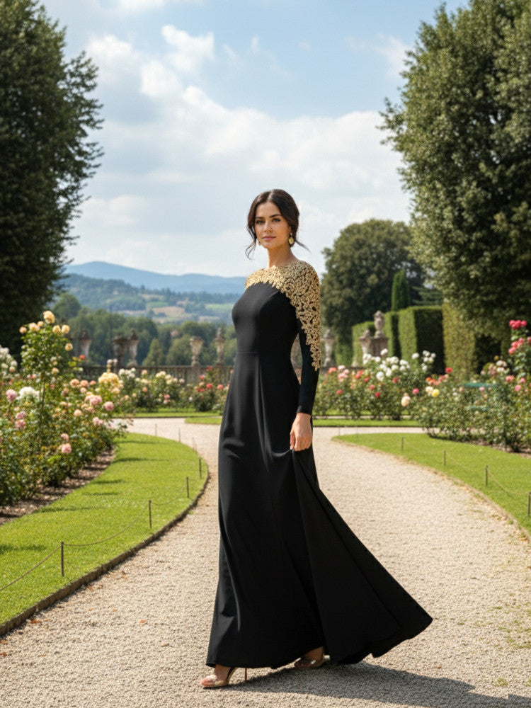 Long Sleeve Crystal Shoulders Maxi Dress Black