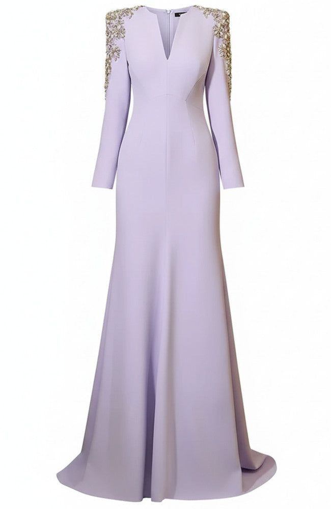 Long Sleeve Embellished Shoulders Maxi Dress Lavender