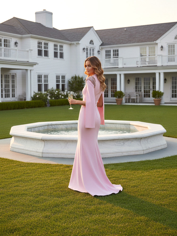 Long Sleeve Crystal Shoulders A Line Maxi Dress Pink
