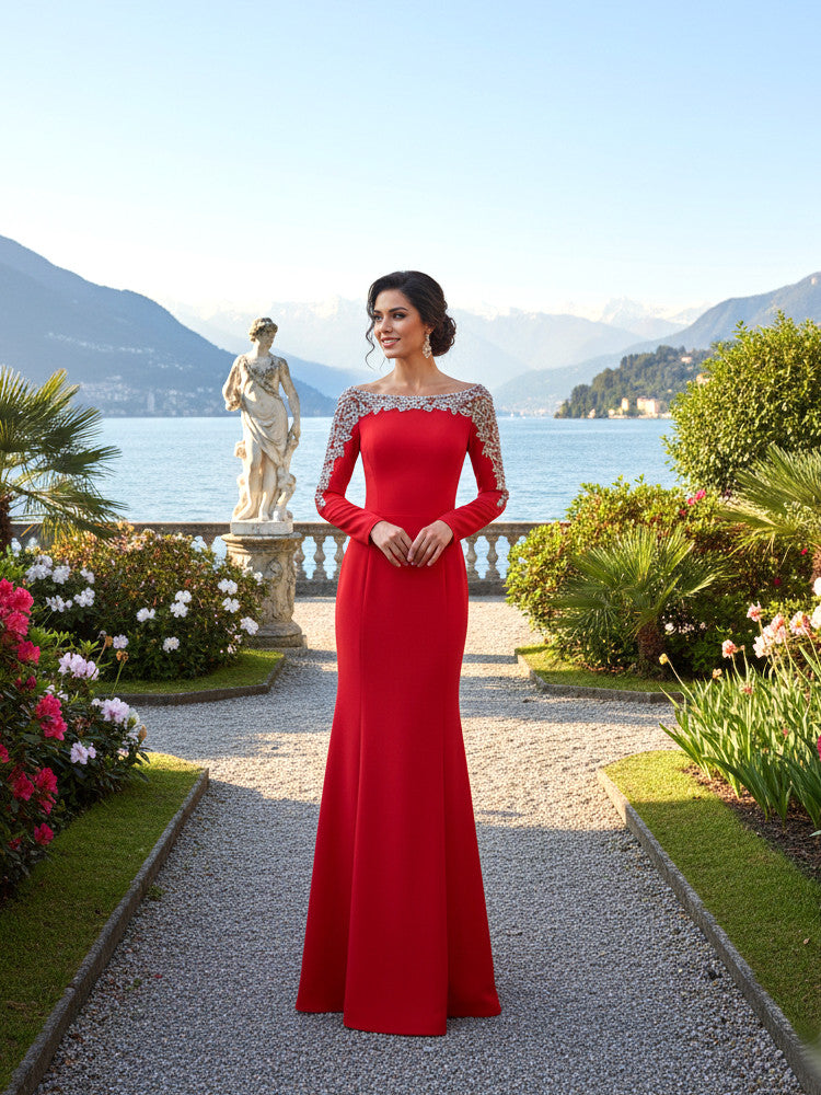 Long Sleeve Crystal Shoulders Maxi Dress Red