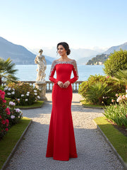 Long Sleeve Crystal Shoulders Maxi Dress Red