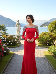 Long Sleeve Crystal Shoulders Maxi Dress Red