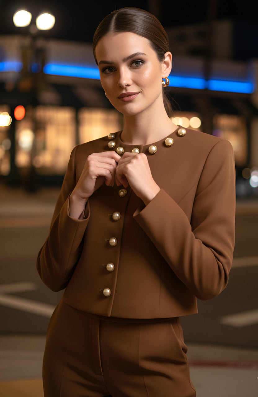 Long Sleeve Embellished Suit Brown